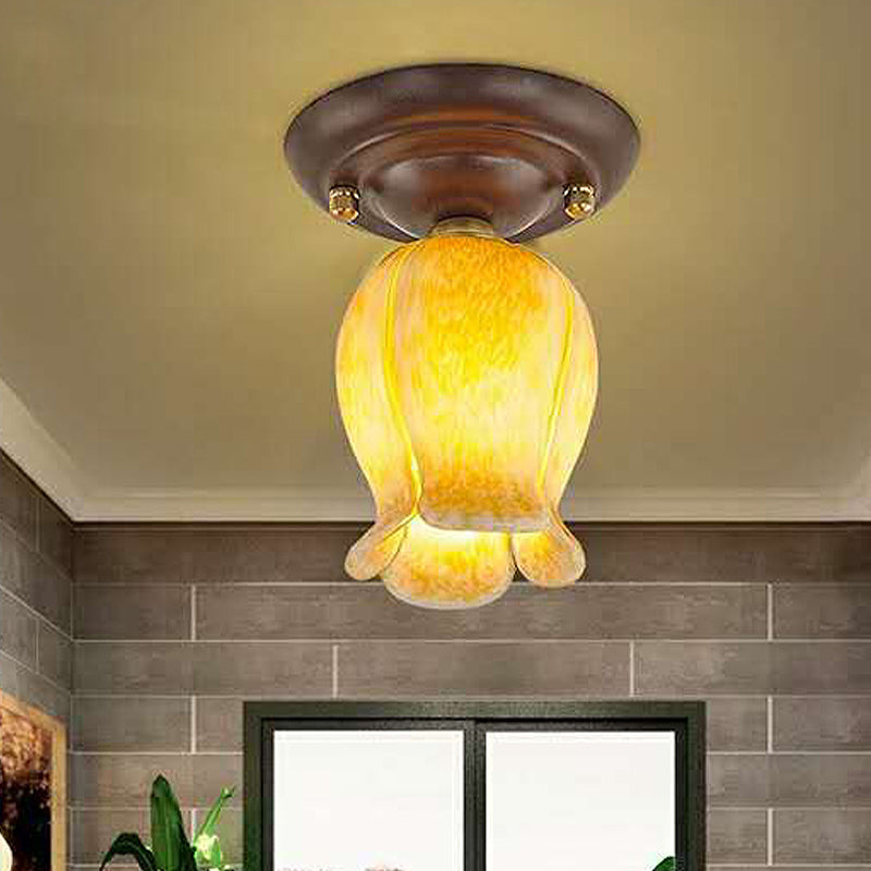 Flower Shaped White/Yellow/Purple Glass Flush Fixture Traditional 1 Light Living Room Ceiling Light Fixture Yellow Clearhalo 'Ceiling Lights' 'Close To Ceiling Lights' 'Close to ceiling' 'Flush mount' Lighting' 238256