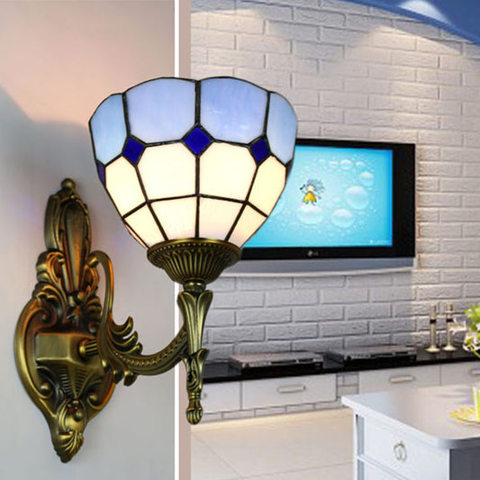Bowl Wall Sconce Lamp Retro Tiffany Stained Glass 1 Light Wall Mount Light in Yellow/Blue for Corridor Blue Clearhalo 'Industrial' 'Middle century wall lights' 'Tiffany wall lights' 'Tiffany' 'Wall Lamps & Sconces' 'Wall Lights' Lighting' 23825