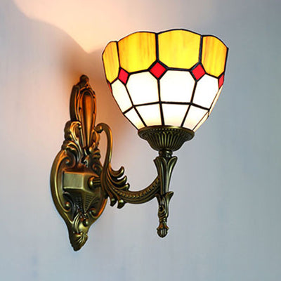 Bowl Wall Sconce Lamp Retro Tiffany Stained Glass 1 Light Wall Mount Light in Yellow/Blue for Corridor Clearhalo 'Industrial' 'Middle century wall lights' 'Tiffany wall lights' 'Tiffany' 'Wall Lamps & Sconces' 'Wall Lights' Lighting' 23826