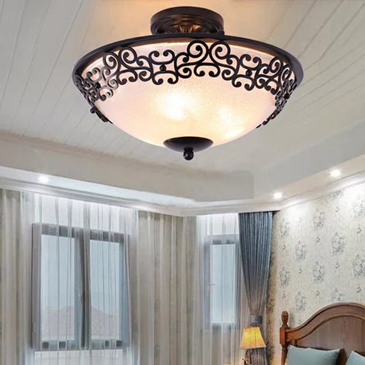 Black/Brass Bowl Shaped Semi Flush Mount Classic Frosted Glass 3/5 Lights Bedroom Ceiling Light Fixture Black Clearhalo 'Ceiling Lights' 'Close To Ceiling Lights' 'Close to ceiling' 'Glass shade' 'Glass' 'Semi-flushmount' Lighting' 238266