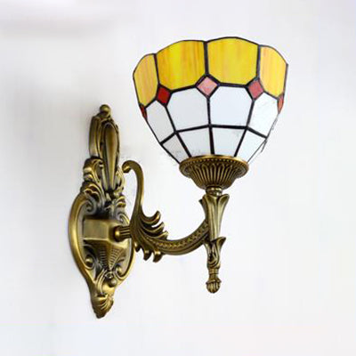 Bowl Wall Sconce Lamp Retro Tiffany Stained Glass 1 Light Wall Mount Light in Yellow/Blue for Corridor Clearhalo 'Industrial' 'Middle century wall lights' 'Tiffany wall lights' 'Tiffany' 'Wall Lamps & Sconces' 'Wall Lights' Lighting' 23827