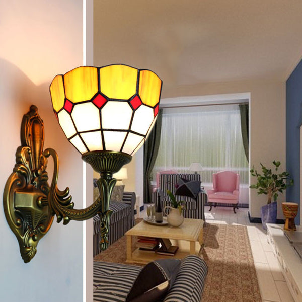 Bowl Wall Sconce Lamp Retro Tiffany Stained Glass 1 Light Wall Mount Light in Yellow/Blue for Corridor Clearhalo 'Industrial' 'Middle century wall lights' 'Tiffany wall lights' 'Tiffany' 'Wall Lamps & Sconces' 'Wall Lights' Lighting' 23829