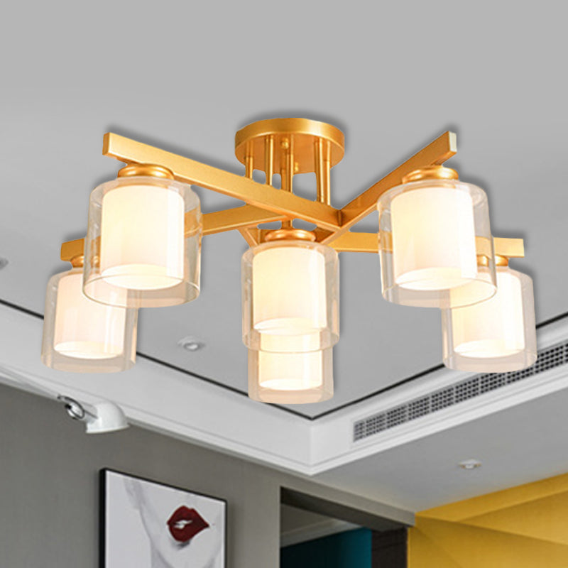 Cylinder Bedroom Semi Mount Lighting Traditional Clear Glass 4/5/6 Lights White Ceiling Light 6 White Clearhalo 'Ceiling Lights' 'Close To Ceiling Lights' 'Close to ceiling' 'Glass shade' 'Glass' 'Semi-flushmount' Lighting' 238331