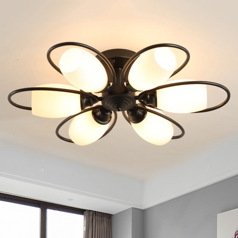 3/6/8 Lights Semi Flush Mount Traditional Flower Shape White Glass Ceiling Light in Black for Living Room 6 White Clearhalo 'Ceiling Lights' 'Close To Ceiling Lights' 'Close to ceiling' 'Glass shade' 'Glass' 'Semi-flushmount' Lighting' 238353