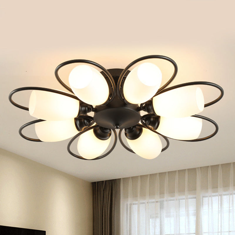 3/6/8 Lights Semi Flush Mount Traditional Flower Shape White Glass Ceiling Light in Black for Living Room 8 White Clearhalo 'Ceiling Lights' 'Close To Ceiling Lights' 'Close to ceiling' 'Glass shade' 'Glass' 'Semi-flushmount' Lighting' 238354