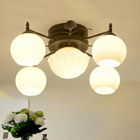 Bubble Shade Living Room Semi Mount Lighting Traditional White Glass 5/7 Lights Black Ceiling Light 5 White Clearhalo 'Ceiling Lights' 'Chandeliers' 'Close To Ceiling Lights' 'Close to ceiling' 'Glass shade' 'Glass' 'Semi-flushmount' Lighting' 238377