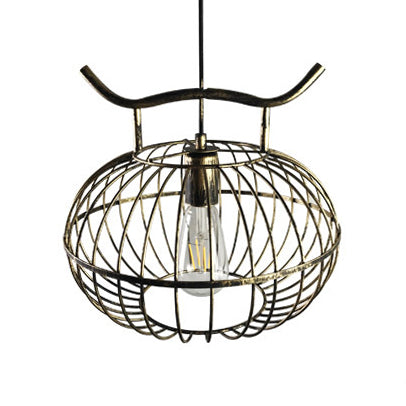 Lantern Design Metal Hanging Pendant Light with Wire Frame Lodge Style 1 Head Dining Room Ceiling Fixture in Rust/Aged Brass Antique Brass Clearhalo 'Art Deco Pendants' 'Cast Iron' 'Ceiling Lights' 'Ceramic' 'Crystal' 'Industrial Pendants' 'Industrial' 'Metal' 'Middle Century Pendants' 'Pendant Lights' 'Pendants' 'Tiffany' Lighting' 23845