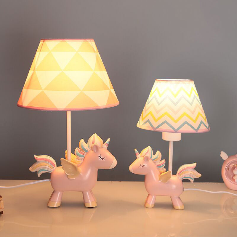 Tapered Print Fabric Table Lamp Cartoon 1 Bulb Nightstand Light with Unicorn Deco for Child Room Pink Triangle Clearhalo 'Lamps' 'Table Lamps' Lighting' 2384610