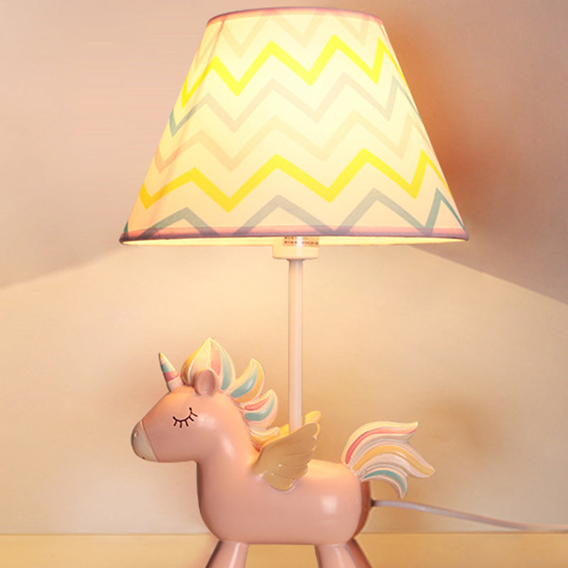 Tapered Print Fabric Table Lamp Cartoon 1 Bulb Nightstand Light with Unicorn Deco for Child Room Pink Stripe Clearhalo 'Lamps' 'Table Lamps' Lighting' 2384611