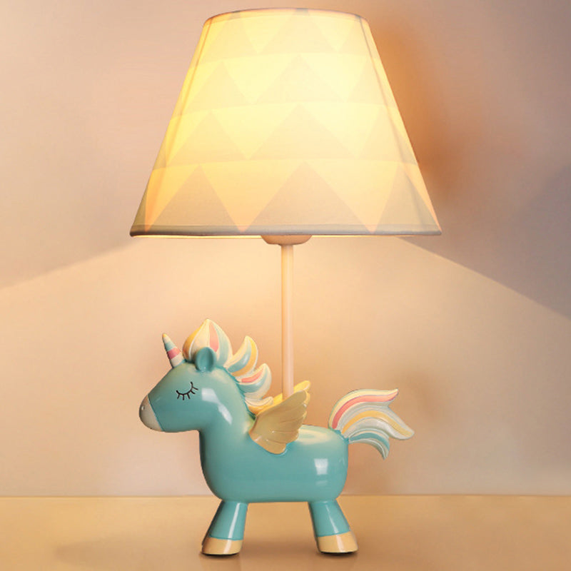 Tapered Print Fabric Table Lamp Cartoon 1 Bulb Nightstand Light with Unicorn Deco for Child Room Blue Clearhalo 'Lamps' 'Table Lamps' Lighting' 2384612