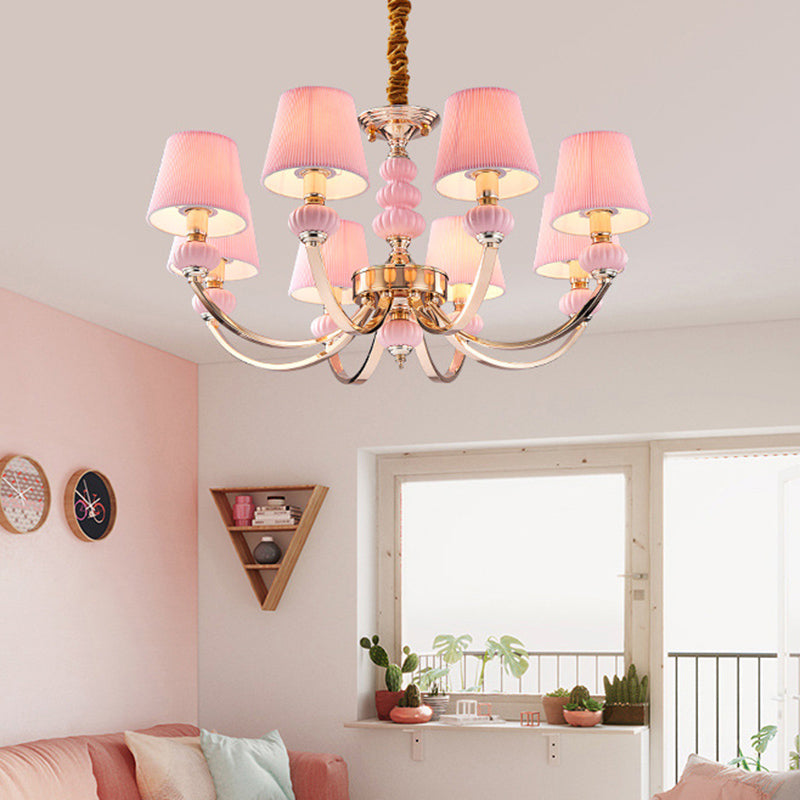 Conical Child Bedroom Hanging Lamp Pleated Fabric Nordic Chandelier Light with Arc Arm 8 Pink Clearhalo 'Ceiling Lights' 'Chandeliers' Lighting' options 2384614_b95a784a-e025-4ecd-abba-d26a2ac965b9