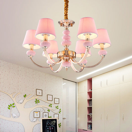 Conical Child Bedroom Hanging Lamp Pleated Fabric Nordic Chandelier Light with Arc Arm Clearhalo 'Ceiling Lights' 'Chandeliers' Lighting' options 2384618