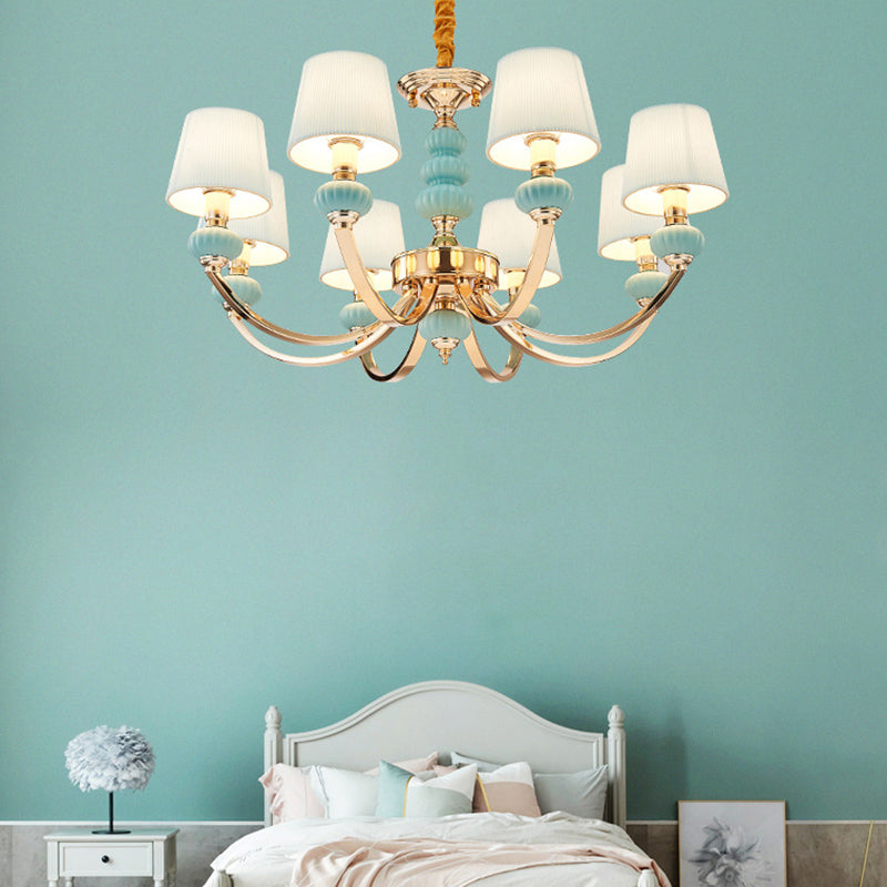 Conical Child Bedroom Hanging Lamp Pleated Fabric Nordic Chandelier Light with Arc Arm 8 Blue Clearhalo 'Ceiling Lights' 'Chandeliers' Lighting' options 2384619_7ecca226-1bff-47b2-b571-0bff438caa44