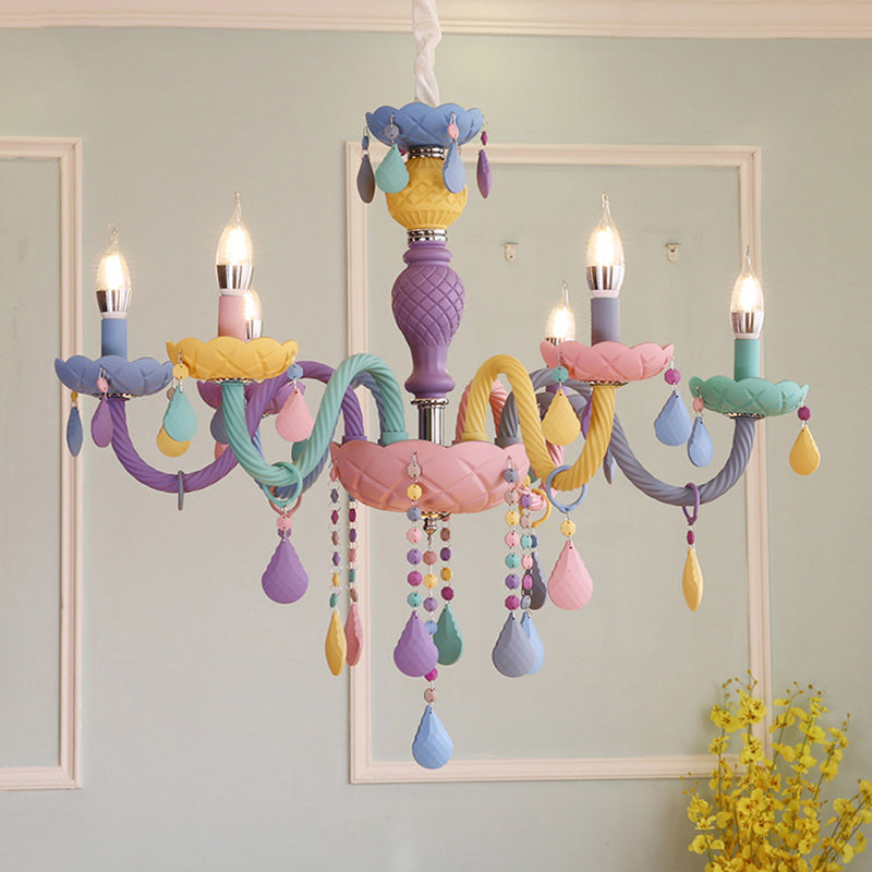 Candelabra Ceiling Chandelier Macaron Colorful Glass Kids Bedroom Pendant Light in Purple 6 Purple Clearhalo 'Ceiling Lights' 'Chandeliers' Lighting' 2384624