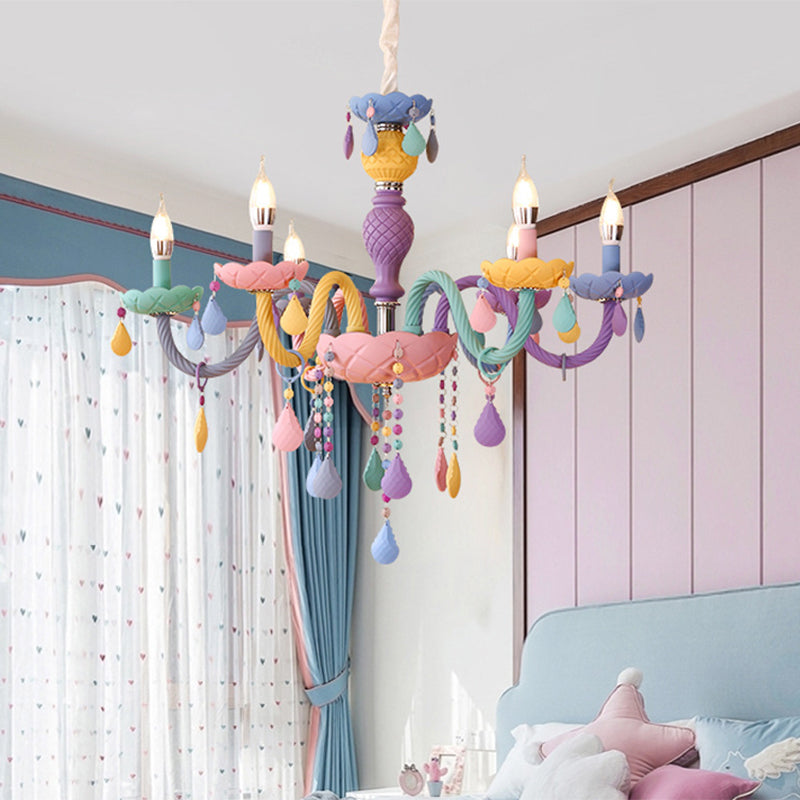 Candelabra Ceiling Chandelier Macaron Colorful Glass Kids Bedroom Pendant Light in Purple Clearhalo 'Ceiling Lights' 'Chandeliers' Lighting' 2384626