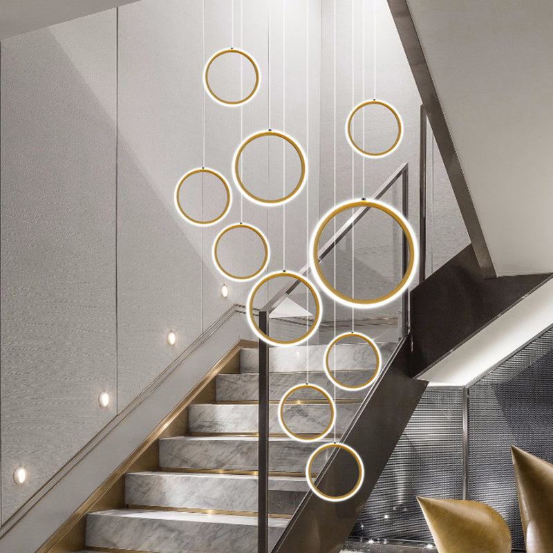 Metallic Halo Multi Pendant Light Minimalistic Golden LED Suspension Light for Stairway Gold Round Clearhalo 'Ceiling Lights' 'Modern Pendants' 'Modern' 'Pendant Lights' 'Pendants' Lighting' 2384689