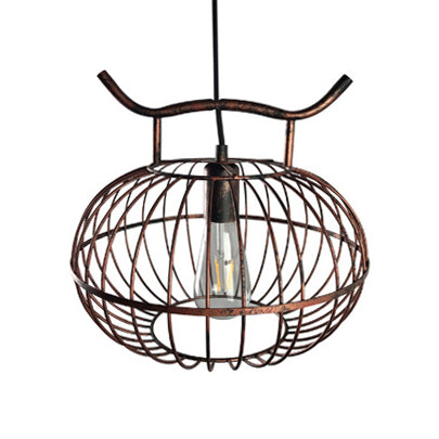 Lantern Design Metal Hanging Pendant Light with Wire Frame Lodge Style 1 Head Dining Room Ceiling Fixture in Rust/Aged Brass Rust Clearhalo 'Art Deco Pendants' 'Cast Iron' 'Ceiling Lights' 'Ceramic' 'Crystal' 'Industrial Pendants' 'Industrial' 'Metal' 'Middle Century Pendants' 'Pendant Lights' 'Pendants' 'Tiffany' Lighting' 23847
