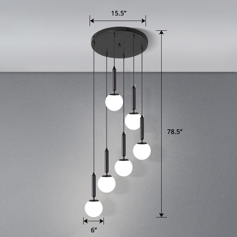 Globe Stairs Multi Lamp Ceiling Light Cream Glass Modern Pendant Lighting Fixture 6 Black Globe Clearhalo 'Ceiling Lights' 'Modern Pendants' 'Modern' 'Pendant Lights' 'Pendants' Lighting' 2384706