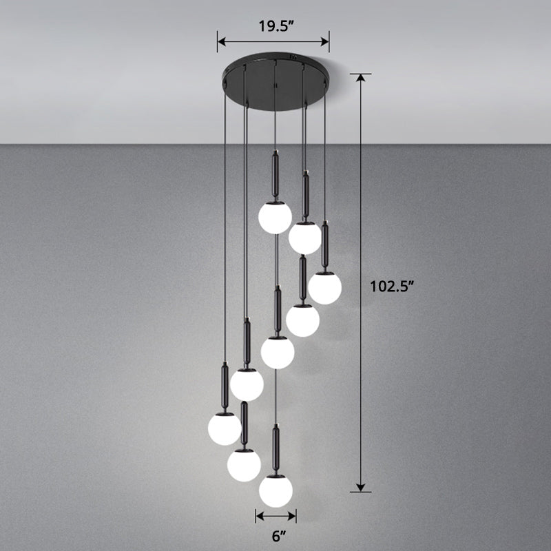 Globe Stairs Multi Lamp Ceiling Light Cream Glass Modern Pendant Lighting Fixture 9 Black Globe Clearhalo 'Ceiling Lights' 'Modern Pendants' 'Modern' 'Pendant Lights' 'Pendants' Lighting' 2384709