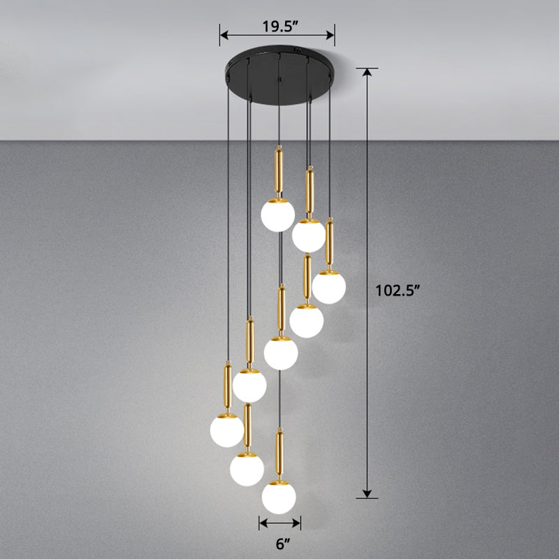 Globe Stairs Multi Lamp Ceiling Light Cream Glass Modern Pendant Lighting Fixture 9 Gold Globe Clearhalo 'Ceiling Lights' 'Modern Pendants' 'Modern' 'Pendant Lights' 'Pendants' Lighting' 2384713