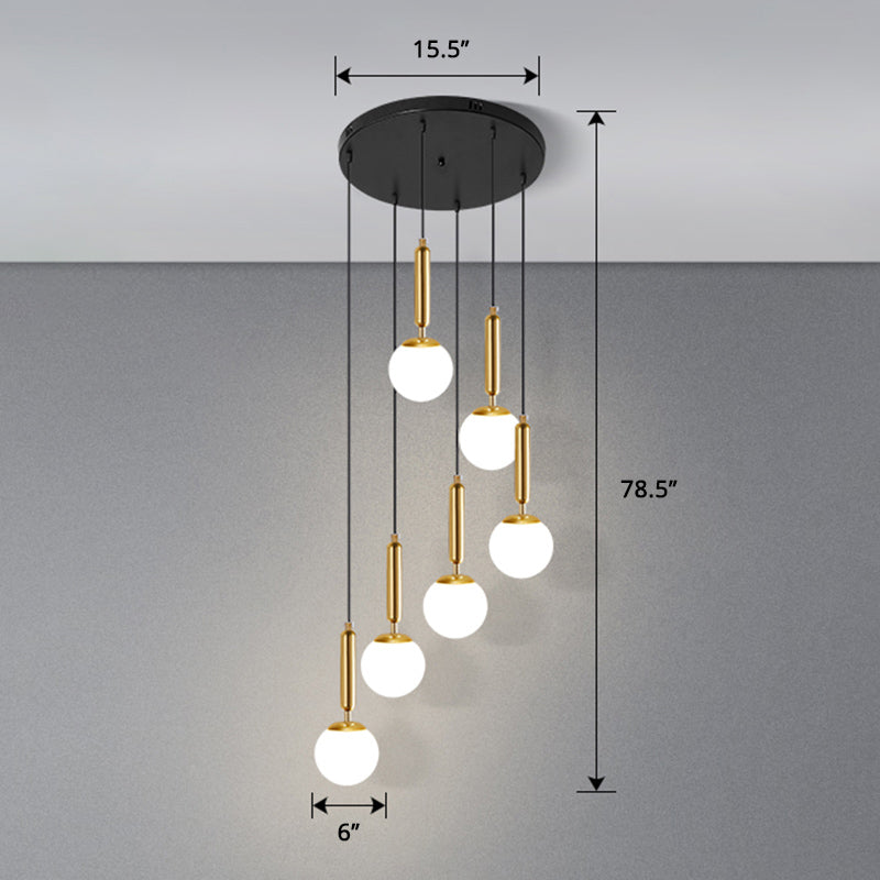 Globe Stairs Multi Lamp Ceiling Light Cream Glass Modern Pendant Lighting Fixture 6 Gold Globe Clearhalo 'Ceiling Lights' 'Modern Pendants' 'Modern' 'Pendant Lights' 'Pendants' Lighting' 2384715