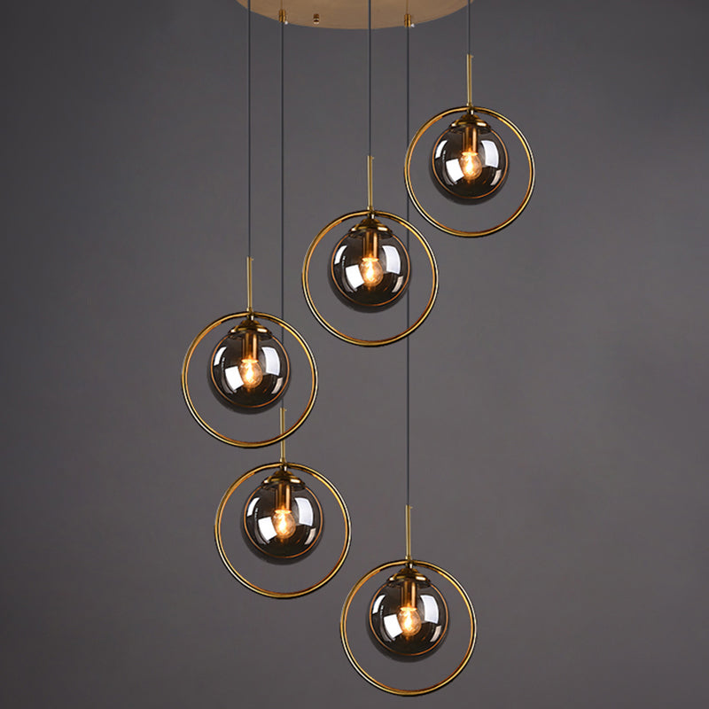 Brass Finish Cluster Ball Pendant Post-Modern 5 Bulbs Glass Suspended Lighting Fixture Smoke Gray Circline Clearhalo 'Ceiling Lights' 'Modern Pendants' 'Modern' 'Pendant Lights' 'Pendants' Lighting' 2384745