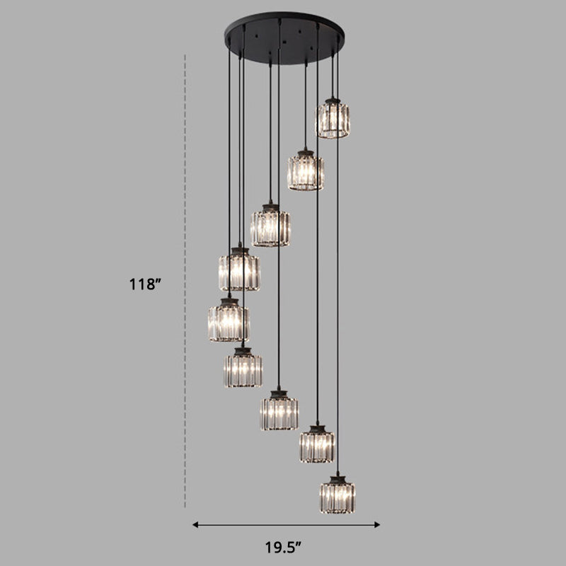 Stairway Multiple Lamp Pendant Minimalist Ceiling Light with Cylindrical Crystal Shade 9 Black Clearhalo 'Ceiling Lights' 'Modern Pendants' 'Modern' 'Pendant Lights' 'Pendants' Lighting' 2384752