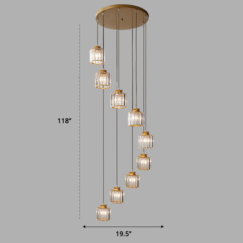 Stairway Multiple Lamp Pendant Minimalist Ceiling Light with Cylindrical Crystal Shade 9 Gold Clearhalo 'Ceiling Lights' 'Modern Pendants' 'Modern' 'Pendant Lights' 'Pendants' Lighting' 2384754