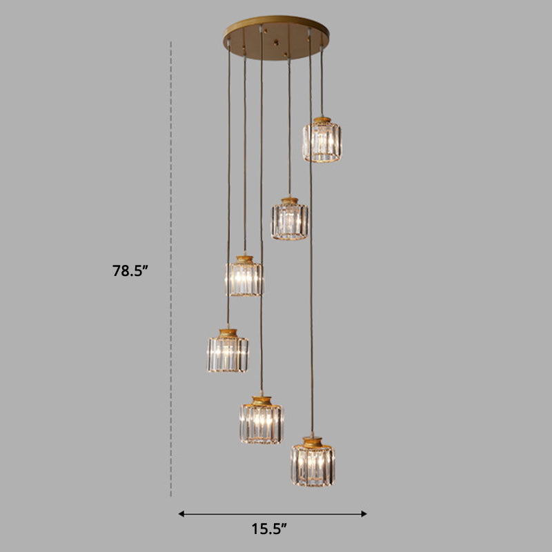 Stairway Multiple Lamp Pendant Minimalist Ceiling Light with Cylindrical Crystal Shade 6 Gold Clearhalo 'Ceiling Lights' 'Modern Pendants' 'Modern' 'Pendant Lights' 'Pendants' Lighting' 2384756