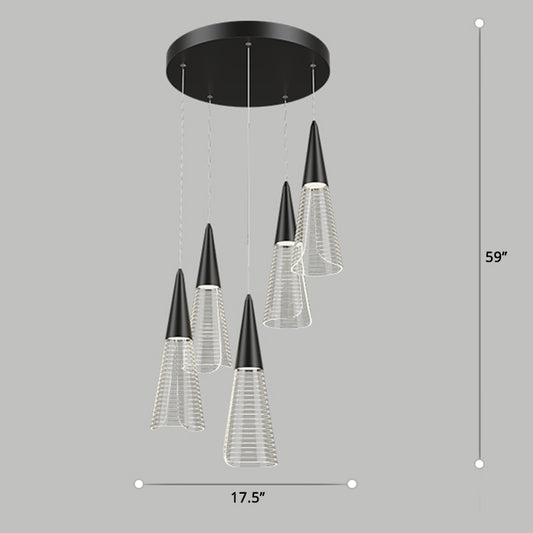 Cone LED Multi Pendant Ceiling Light Novelty Modern Dining Room Suspension Light 5 Black Round Clearhalo 'Ceiling Lights' 'Modern Pendants' 'Modern' 'Pendant Lights' 'Pendants' Lighting' 2384761