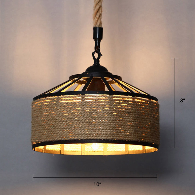 Conical Cage Restaurant Hanging Light Farmhouse Hemp Rope 1 Bulb Brown Drop Pendant Brown 10" Clearhalo 'Ceiling Lights' 'Industrial Pendants' 'Industrial' 'Middle Century Pendants' 'Pendant Lights' 'Pendants' 'Tiffany' Lighting' 2384771