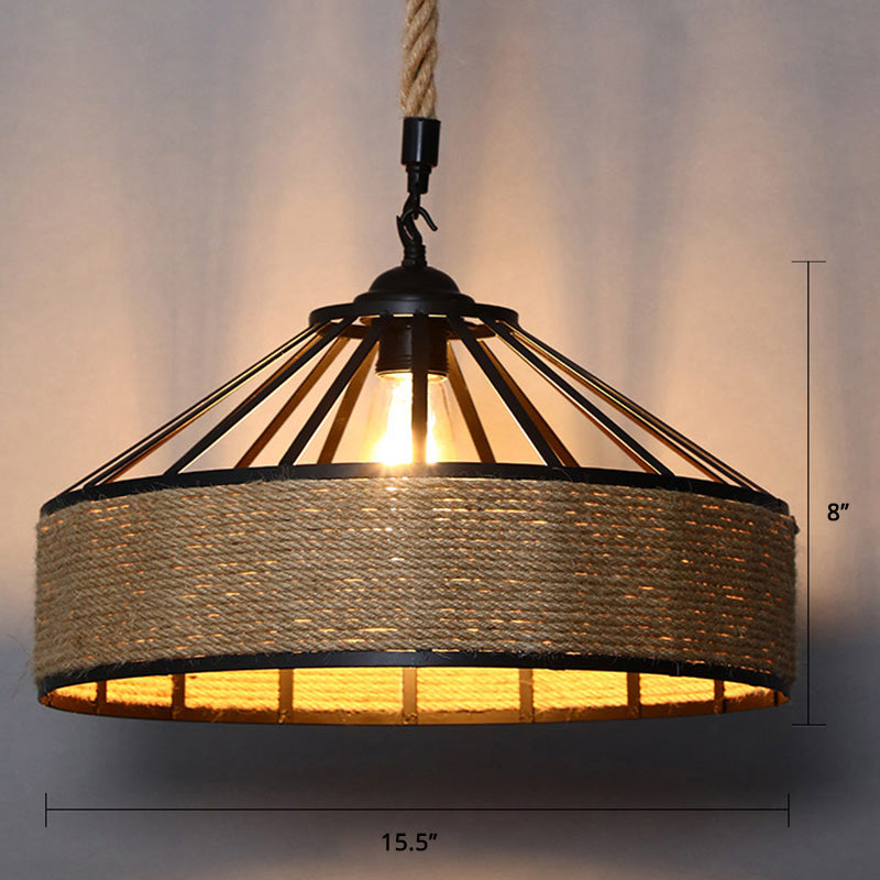 Conical Cage Restaurant Hanging Light Farmhouse Hemp Rope 1 Bulb Brown Drop Pendant Brown 16" Clearhalo 'Ceiling Lights' 'Industrial Pendants' 'Industrial' 'Middle Century Pendants' 'Pendant Lights' 'Pendants' 'Tiffany' Lighting' 2384774