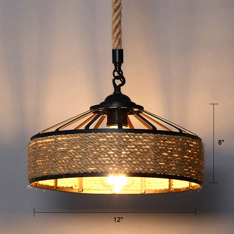 Conical Cage Restaurant Hanging Light Farmhouse Hemp Rope 1 Bulb Brown Drop Pendant Brown 12" Clearhalo 'Ceiling Lights' 'Industrial Pendants' 'Industrial' 'Middle Century Pendants' 'Pendant Lights' 'Pendants' 'Tiffany' Lighting' 2384775