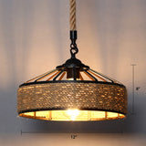 Conical Cage Restaurant Hanging Light Farmhouse Hemp Rope 1 Bulb Brown Drop Pendant Brown 12" Clearhalo 'Ceiling Lights' 'Industrial Pendants' 'Industrial' 'Middle Century Pendants' 'Pendant Lights' 'Pendants' 'Tiffany' Lighting' 2384775