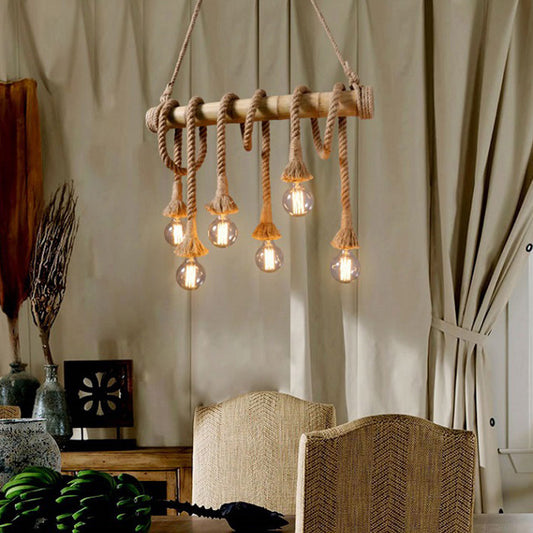 Brown Island Pendant Light Rustic Rope Open Bulb Hanging Light Kit with Bamboo Pole Clearhalo 'Ceiling Lights' 'Island Lights' Lighting' 2384776
