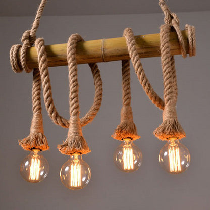 Brown Island Pendant Light Rustic Rope Open Bulb Hanging Light Kit with Bamboo Pole 4 Brown Clearhalo 'Ceiling Lights' 'Island Lights' Lighting' 2384778