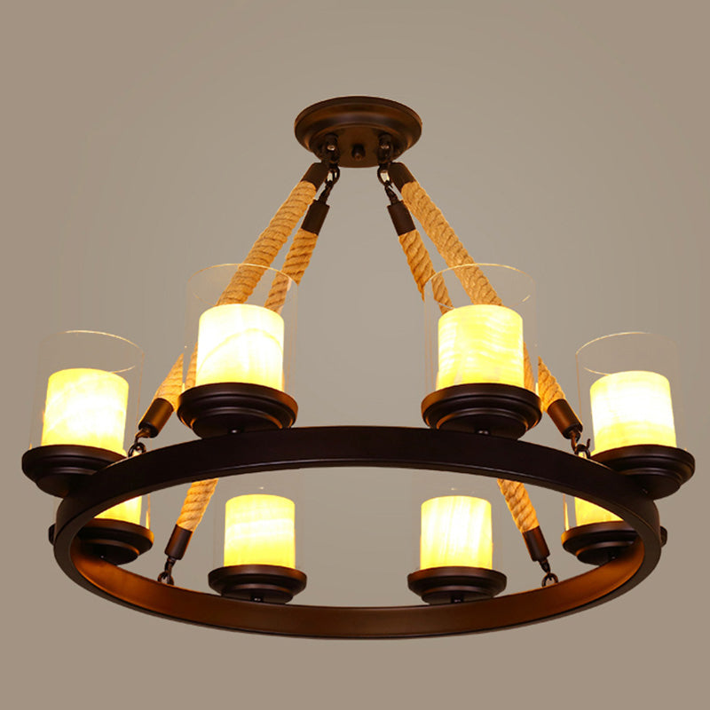 Clear Glass Cylindrical Suspension Lamp Farmhouse Living Room Chandelier with Rope Arm 8 Beige Clearhalo 'Cast Iron' 'Ceiling Lights' 'Chandeliers' 'Industrial Chandeliers' 'Industrial' 'Metal' 'Middle Century Chandeliers' 'Rustic Chandeliers' 'Tiffany' Lighting' 2384789