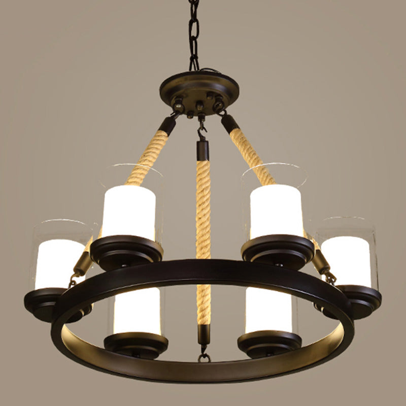 Clear Glass Cylindrical Suspension Lamp Farmhouse Living Room Chandelier with Rope Arm 6 Cream Clearhalo 'Cast Iron' 'Ceiling Lights' 'Chandeliers' 'Industrial Chandeliers' 'Industrial' 'Metal' 'Middle Century Chandeliers' 'Rustic Chandeliers' 'Tiffany' Lighting' 2384790
