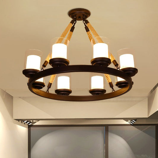 Clear Glass Cylindrical Suspension Lamp Farmhouse Living Room Chandelier with Rope Arm Clearhalo 'Cast Iron' 'Ceiling Lights' 'Chandeliers' 'Industrial Chandeliers' 'Industrial' 'Metal' 'Middle Century Chandeliers' 'Rustic Chandeliers' 'Tiffany' Lighting' 2384791