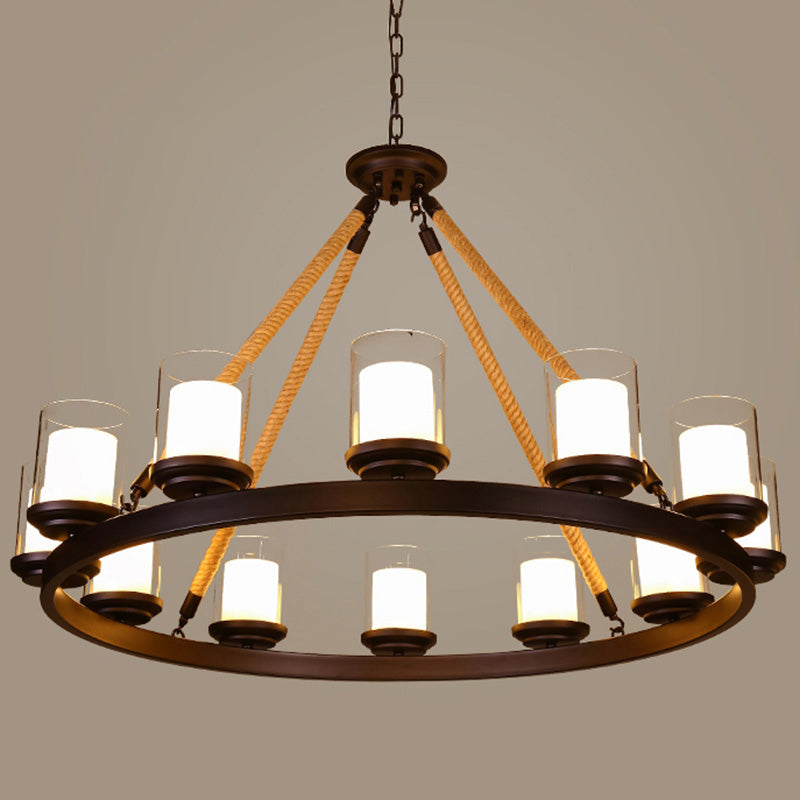 Clear Glass Cylindrical Suspension Lamp Farmhouse Living Room Chandelier with Rope Arm 12 Cream Clearhalo 'Cast Iron' 'Ceiling Lights' 'Chandeliers' 'Industrial Chandeliers' 'Industrial' 'Metal' 'Middle Century Chandeliers' 'Rustic Chandeliers' 'Tiffany' Lighting' 2384792