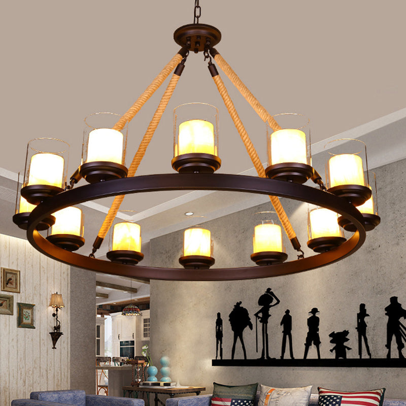 Clear Glass Cylindrical Suspension Lamp Farmhouse Living Room Chandelier with Rope Arm 12 Beige Clearhalo 'Cast Iron' 'Ceiling Lights' 'Chandeliers' 'Industrial Chandeliers' 'Industrial' 'Metal' 'Middle Century Chandeliers' 'Rustic Chandeliers' 'Tiffany' Lighting' 2384793