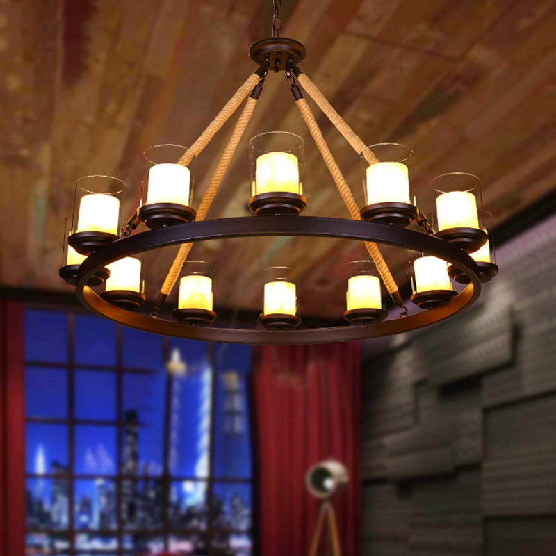 Clear Glass Cylindrical Suspension Lamp Farmhouse Living Room Chandelier with Rope Arm Clearhalo 'Cast Iron' 'Ceiling Lights' 'Chandeliers' 'Industrial Chandeliers' 'Industrial' 'Metal' 'Middle Century Chandeliers' 'Rustic Chandeliers' 'Tiffany' Lighting' 2384794