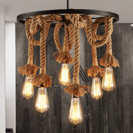 Rustic Bare Bulb Hanging Lamp Hand-Wrapped Rope Chandelier in Brown with Decorative Wheel 6 Brown Clearhalo 'Ceiling Lights' 'Chandeliers' 'Industrial Chandeliers' 'Industrial' 'Middle Century Chandeliers' 'Tiffany' Lighting' 2384796