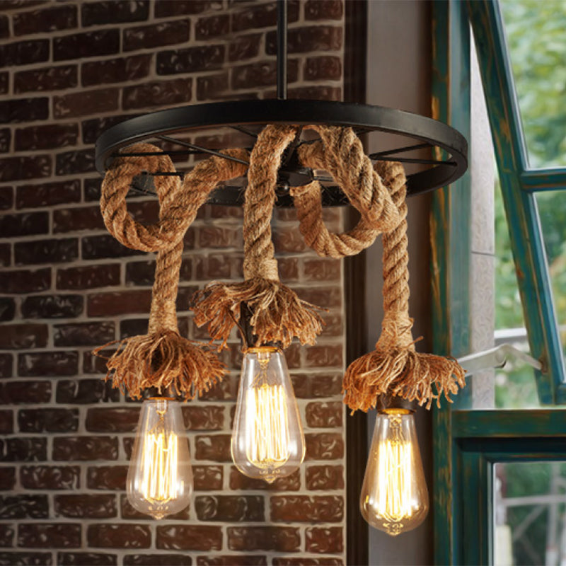 Rustic Bare Bulb Hanging Lamp Hand-Wrapped Rope Chandelier in Brown with Decorative Wheel 3 Brown Clearhalo 'Ceiling Lights' 'Chandeliers' 'Industrial Chandeliers' 'Industrial' 'Middle Century Chandeliers' 'Tiffany' Lighting' 2384797