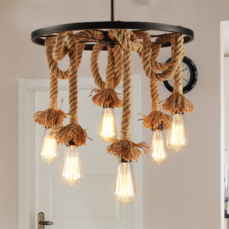 Rustic Bare Bulb Hanging Lamp Hand-Wrapped Rope Chandelier in Brown with Decorative Wheel Clearhalo 'Ceiling Lights' 'Chandeliers' 'Industrial Chandeliers' 'Industrial' 'Middle Century Chandeliers' 'Tiffany' Lighting' 2384798