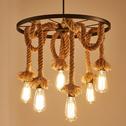 Rustic Bare Bulb Hanging Lamp Hand-Wrapped Rope Chandelier in Brown with Decorative Wheel Clearhalo 'Ceiling Lights' 'Chandeliers' 'Industrial Chandeliers' 'Industrial' 'Middle Century Chandeliers' 'Tiffany' Lighting' 2384799