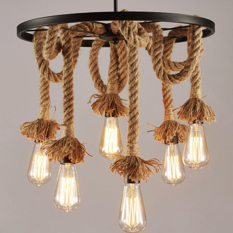 Rustic Bare Bulb Hanging Lamp Hand-Wrapped Rope Chandelier in Brown with Decorative Wheel Clearhalo 'Ceiling Lights' 'Chandeliers' 'Industrial Chandeliers' 'Industrial' 'Middle Century Chandeliers' 'Tiffany' Lighting' 2384800