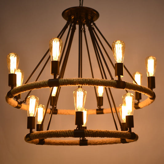 Circular Roped Pendant Lighting Country Style 14 Heads Restaurant Chandelier in Brown Brown Clearhalo 'Cast Iron' 'Ceiling Lights' 'Chandeliers' 'Industrial Chandeliers' 'Industrial' 'Metal' 'Middle Century Chandeliers' 'Rustic Chandeliers' 'Tiffany' Lighting' 2384801