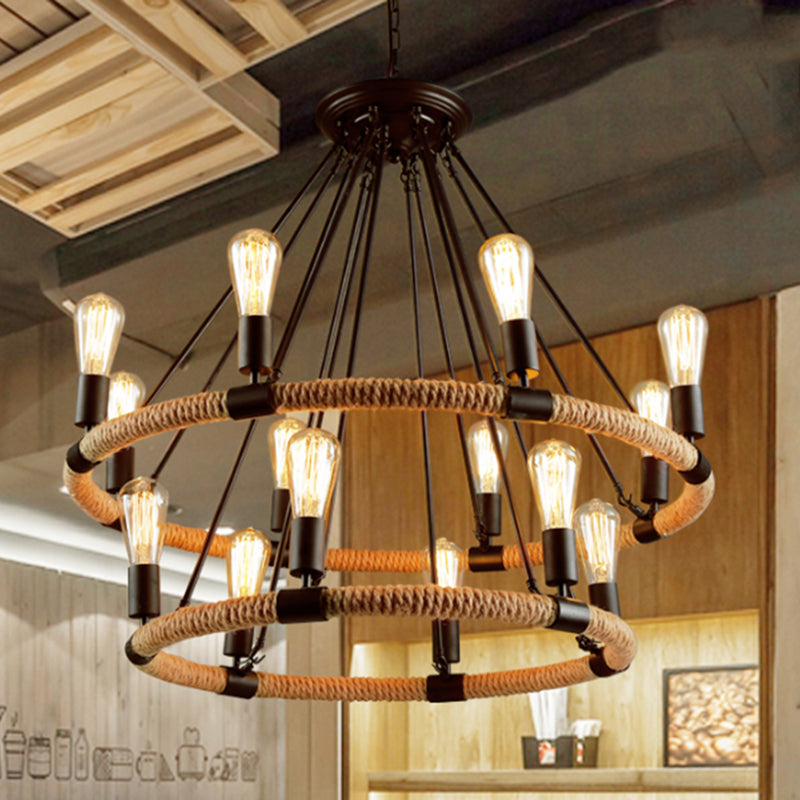Circular Roped Pendant Lighting Country Style 14 Heads Restaurant Chandelier in Brown Clearhalo 'Cast Iron' 'Ceiling Lights' 'Chandeliers' 'Industrial Chandeliers' 'Industrial' 'Metal' 'Middle Century Chandeliers' 'Rustic Chandeliers' 'Tiffany' Lighting' 2384802