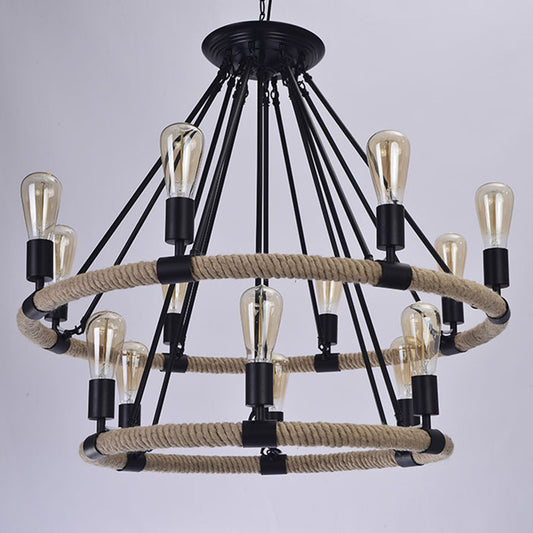 Circular Roped Pendant Lighting Country Style 14 Heads Restaurant Chandelier in Brown Clearhalo 'Cast Iron' 'Ceiling Lights' 'Chandeliers' 'Industrial Chandeliers' 'Industrial' 'Metal' 'Middle Century Chandeliers' 'Rustic Chandeliers' 'Tiffany' Lighting' 2384803
